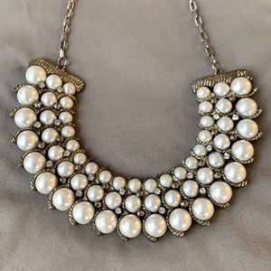 White Pearl & Rhinestone Necklace with Gold Embellishments